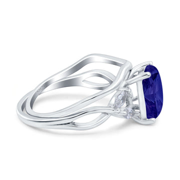 Two Piece Art Deco Emerald Cut Wedding Ring Simulated Blue Sapphire CZ 925 Sterling Silver